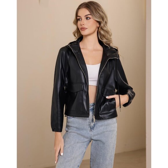 Women Black  Faux Leather Jacket Hooded Moto Biker Outwear Coat - Picture 6 of 6